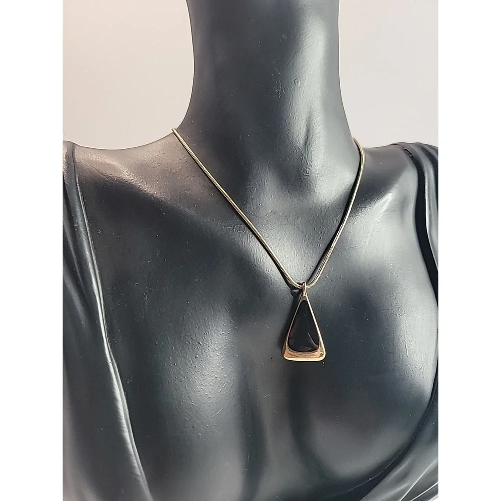 Vintage Gold Tone Black Enamel Geometric Pendant Necklace Snake Chain Minimalist